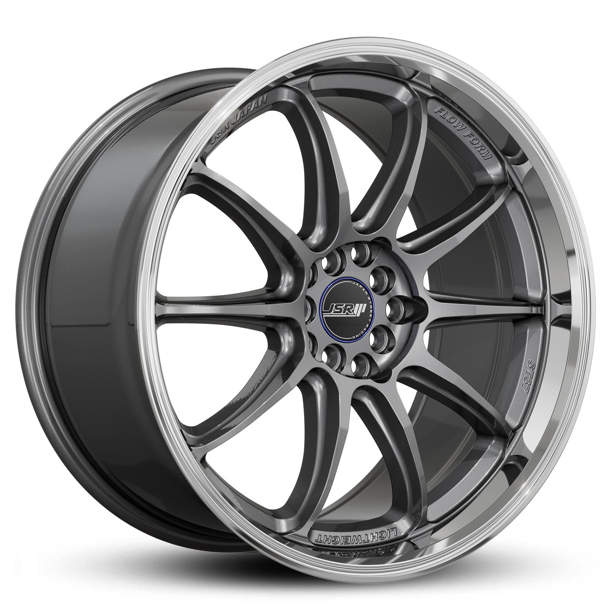 Racing_Wheels_Flow_Form_JSR_ST37_Gunmetal_Grey_Machined_Lip_Japan_JDM_Rims_18_19_inch_blue_cap