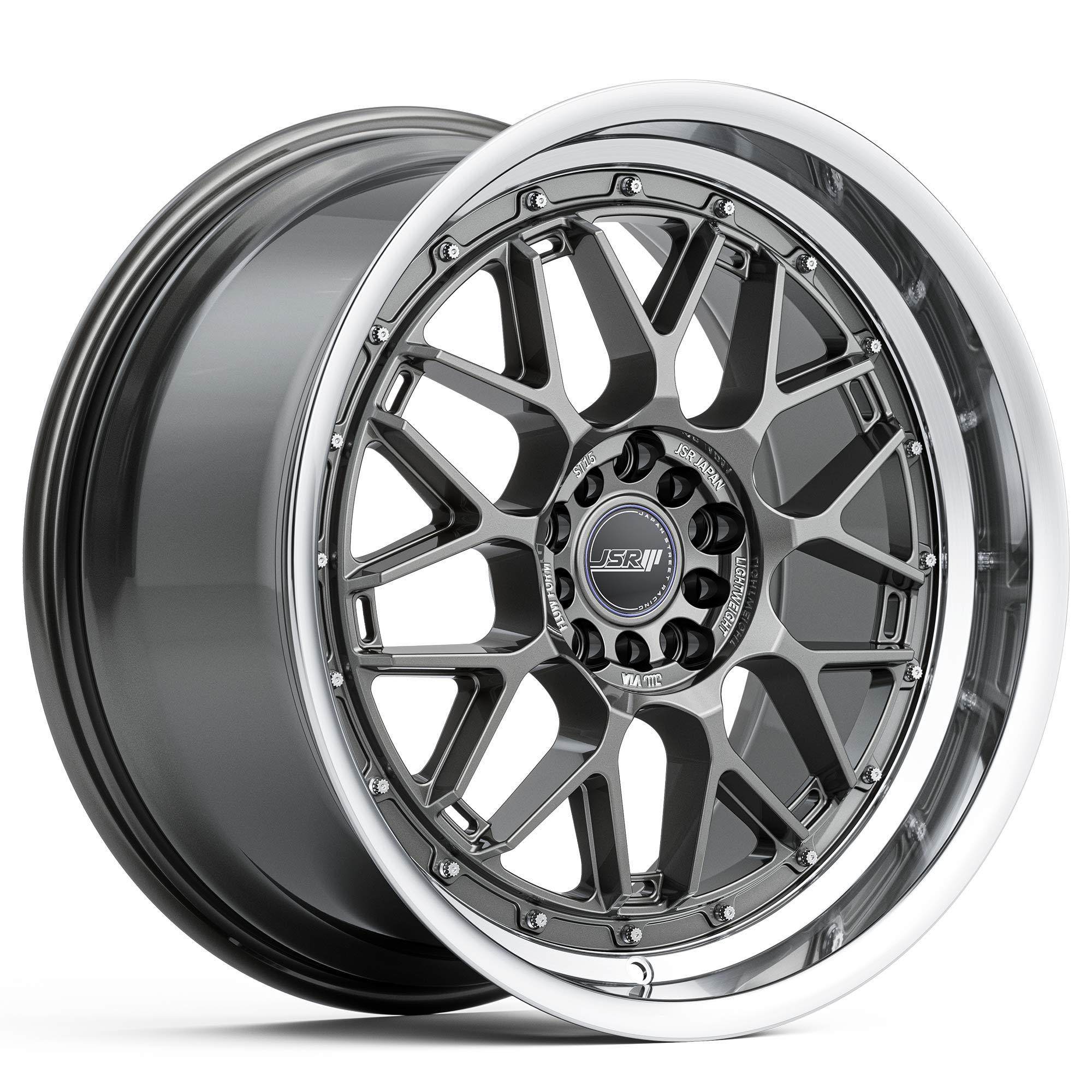 Racing_Wheels_Flow_Form_JSR_ST15_Gunmetal_Grey_Machined_Lip_Japan_JDM_Rims_18_19_inch_blue_cap